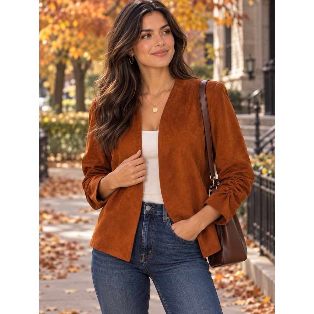 Bar 111 Rust Faux Suede Drape Open Jacket~Sz XL~ Autumn Shirred Sleeves Capsule